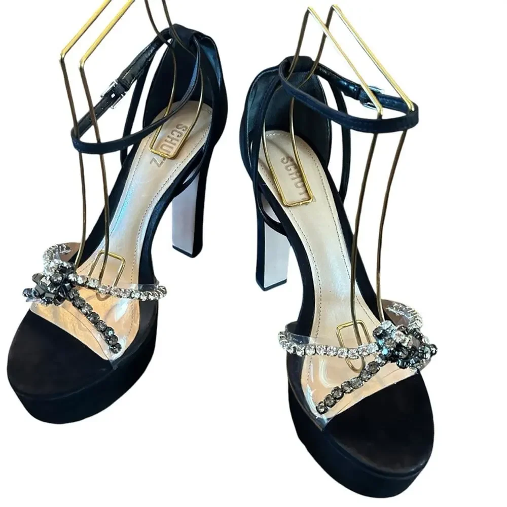 Schutz Suede Platform High Heels Clear Strap Rhinestone Embellished NEW 9.5